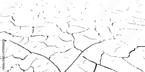 Black and white cracked dry soil texture background, broken earth drought surface pattern, climate change parched ground nature concept, abstract environmental disaster illustration for design use.