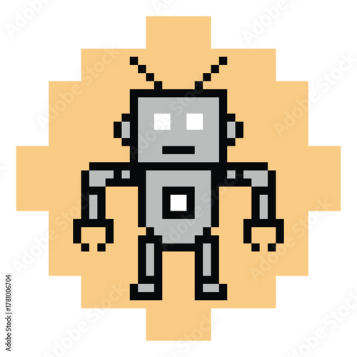 Cartoon pixel art of humanoid robot learning toy robotic engineer bot machine business vector character automation electronic background 8 bit artificial intelligence art.
