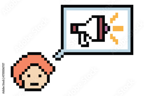 Pixel art cute cartoon man with megaphone announcement speaker information announce decor character 8 bit male boy megaphone cartoon pixel game vector.