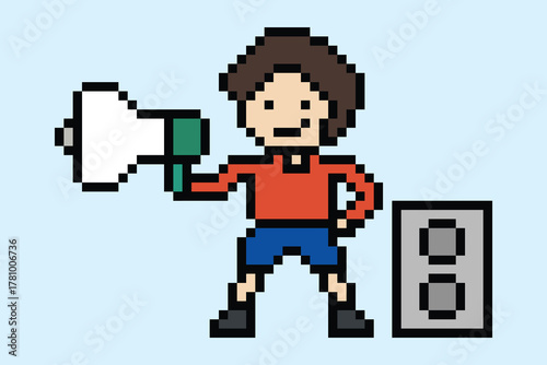 Pixel art cute cartoon man with megaphone announcement speaker information announce decor character 8 bit male boy megaphone cartoon pixel game vector.