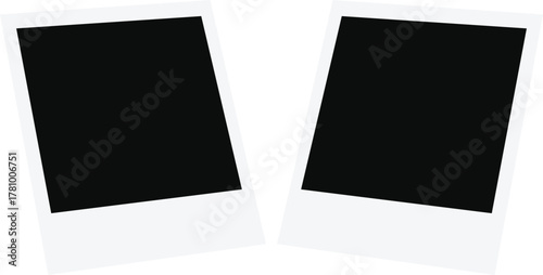 Realistic empty photo card frame, film set. Retro vintage photograph with transparent adhesive tape and paper clip. Digital snapshot image. Template or mockup for design. Vector illustration.