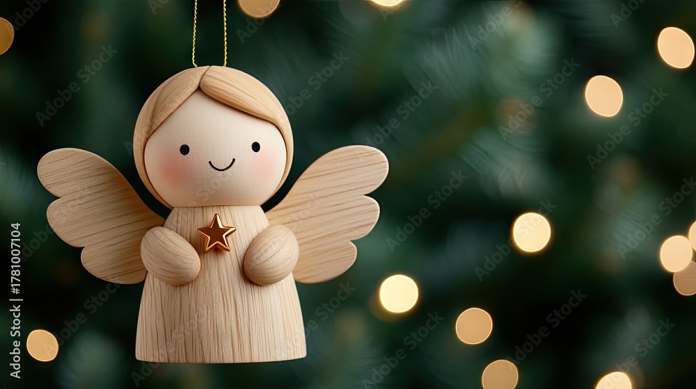 Fototapeta premium Wooden angel ornament brings joy to Christmas tree with warm bokeh lights creating a magical holiday atmosphere
