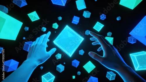 Immersive Virtual Reality Experience with Glowing Cubes and Human Hands for Digital Interaction and Future Technology