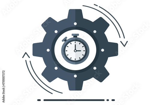 A concept illustration of efficiency and time management featuring a stopwatch inside a large gear with cyclical arrows.