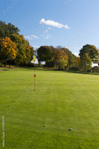 Golf ball near hole on putting green with flagstick