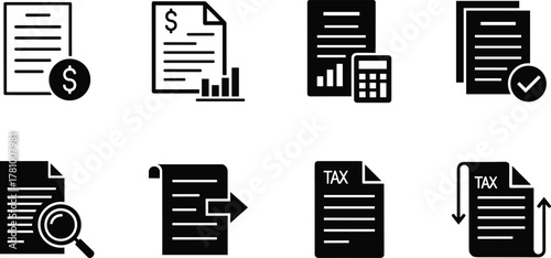 Financial document, tax form, accounting, business glyph icons
