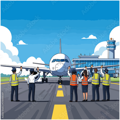 Airport ground crew guiding a large passenger airplane on the tarmac with the control tower in the background.