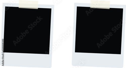 Realistic empty photo card frame, film set. Retro vintage photograph with transparent adhesive tape and paper clip. Digital snapshot image. Template or mockup for design. Vector illustration.