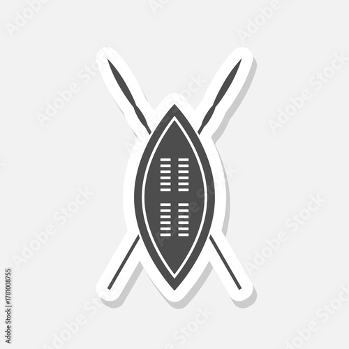 African spear and shield icon sticker isolated on gray background
