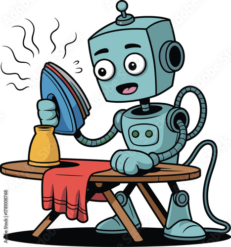 Happy Cartoon Robot Ironing Clothes on Table with Steam Vector Illustration