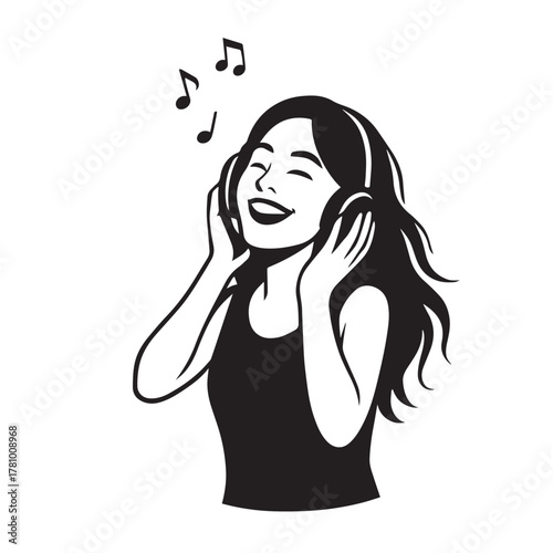 Black and white cartoon illustration of a smiling character with headphones, eyes closed, enjoying music with musical notes above. 