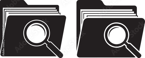 Two folders with magnifying glass icons silhouette isolated on white background