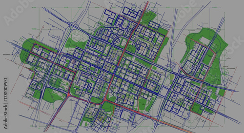 Architectural blueprint of an intricate urban master plan, illustrating a modern city's development with comprehensive infrastructure, detailed road networks, and integrated green spaces