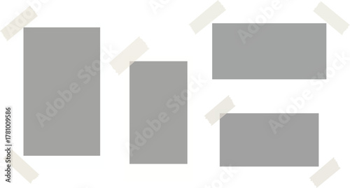 Realistic empty photo card frame, film set. Retro vintage photograph with transparent adhesive tape and paper clip. Digital snapshot image. Template or mockup for design. Vector illustration.