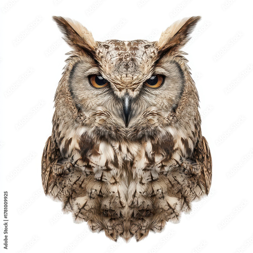 Fototapeta premium Portrait of a majestic owl with striking features and intricate feather patterns.