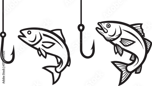 Two fish silhouettes and fishing hooks isolated on white background