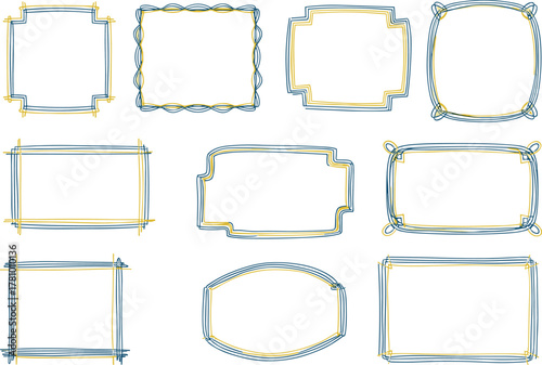 Hand‑drawn decorative rectangular and oval frames, blue and yellow ornamental borders, artistic geometric motifs, scrapbook accents, creative invitation templates