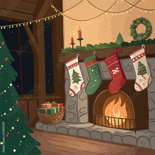 Cozy Christmas fireplace decorated for the holiday season
