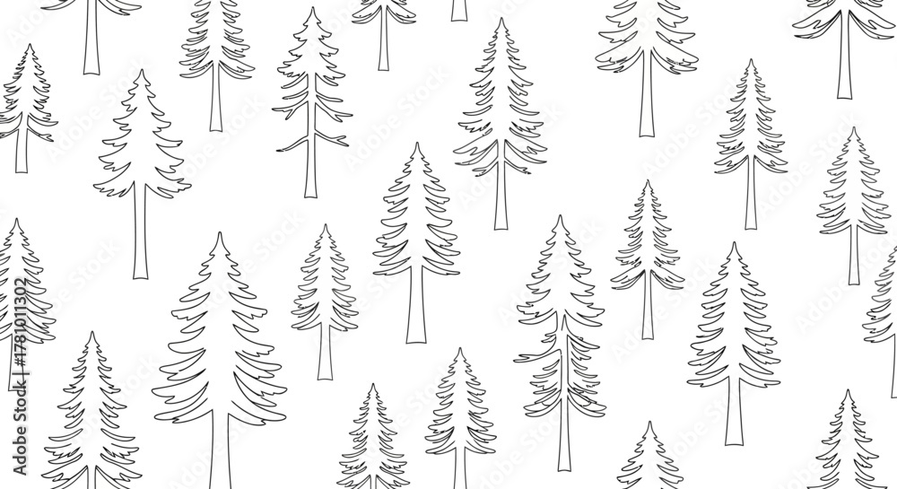Obraz premium Seamless pattern featuring minimalist hand-drawn evergreen trees, perfect for a natural background, festive design, or winter-themed graphic illustration with a simple forest motif