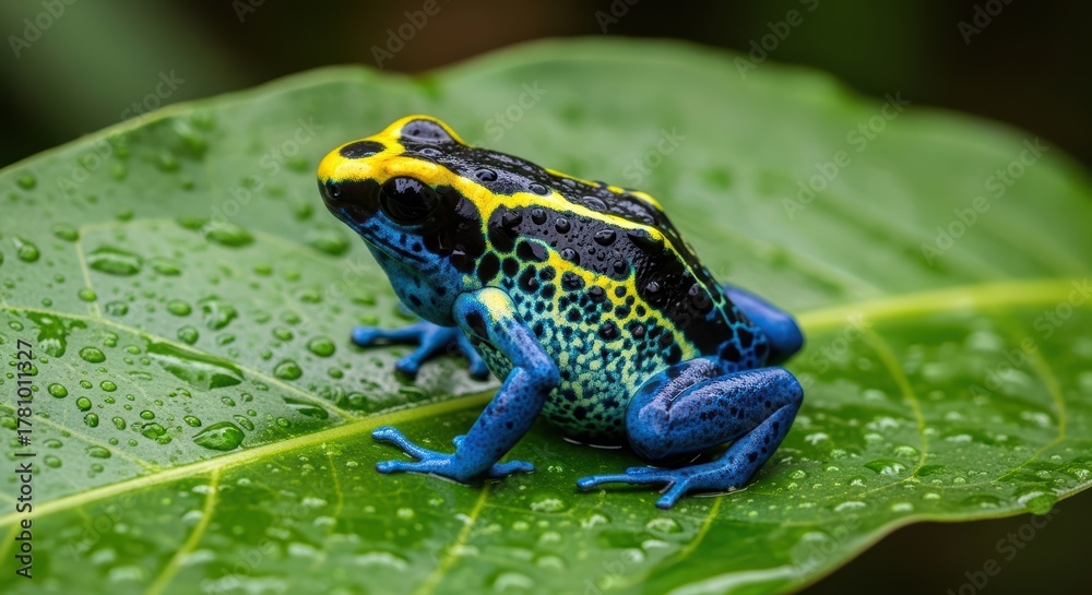 Obraz premium Colorful poison dart frog on leaf with water droplets in rainforest