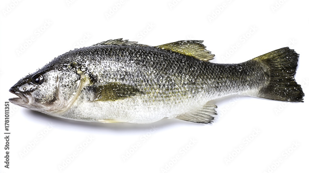 Naklejka premium Fresh whole fish with silvery scales and dark dorsal markings, isolated on white background