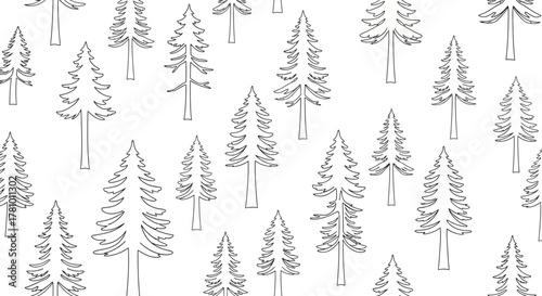 Seamless pattern featuring minimalist hand-drawn evergreen trees, perfect for a natural background, festive design, or winter-themed graphic illustration with a simple forest motif