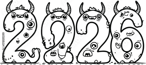 2026 drawn with tiny monster-like faces and horns, funny and adorable line art, minimalist black outline vector on white background