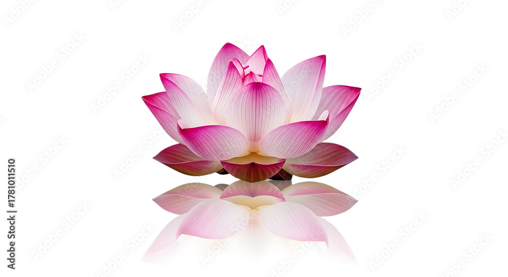 Fototapeta premium A close up of a pink lotus flower with its reflection on a black background creating a serene image