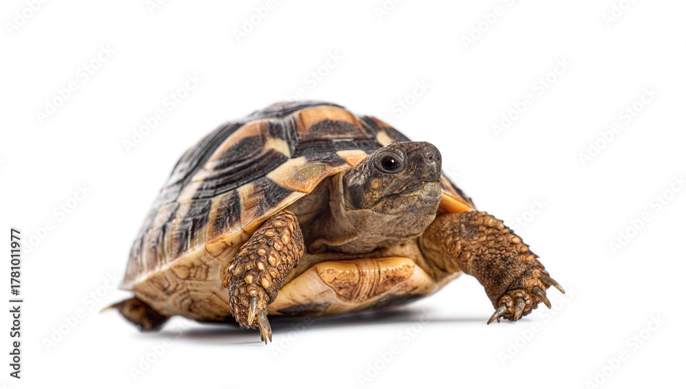 Obraz premium Hermann's tortoise, Testudo hermanni, walking on white background in studio