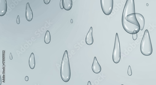 A realistic digital illustration of clear water droplets falling against a soft gray background, a concept of purity, weather, and freshness