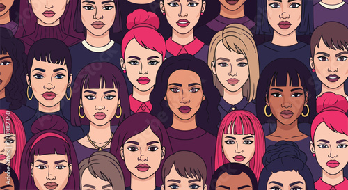 Diverse group of stylish young women faces forward in a vibrant crowd illustration