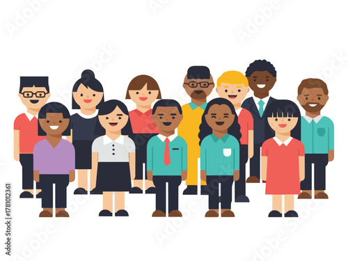 Flat vector illustration of a large crowd of diverse individuals (men and women) standing closely. Suitable for concepts of teamwork, population, or social media community.