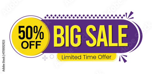 Big sale 50 off limited time offer banner with purple and yellow design