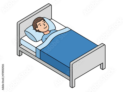 Isometric vector illustration of a person or child sleeping peacefully in a blue hospital or home bed. Represents rest, sickness, recovery, or medical care.