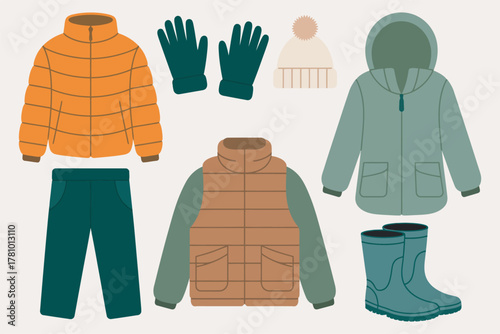 Flat Design Illustration of Various Warm Winter Clothes and Essential Accessories
