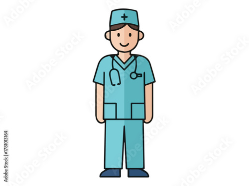 Flat vector illustration of a friendly male nurse or medical technician wearing scrubs and a stethoscope. Represents healthcare professionals and medical support staff.