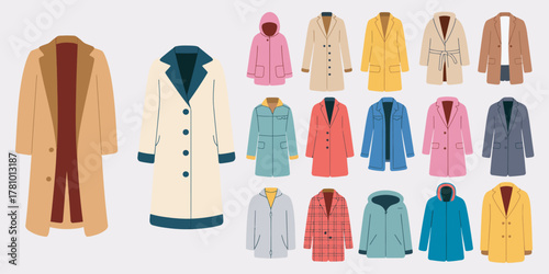 A flat design illustration of various coats and outerwear on a white backdrop