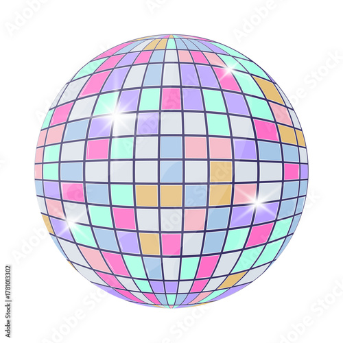Trendy Y2K style disco ball in pastel neon colors. Futuristic shiny mirror sphere with holographic reflection, retro aesthetic 2000s party design, vector illustration on white background.