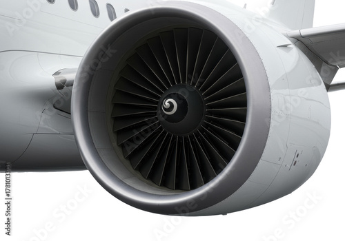Extreme close-up of modern white jet engine intake with polished metallic fan blades and pristine fuselage, subtle motion blur, on transparent background. Concept of cutting-edge aerospace engineering