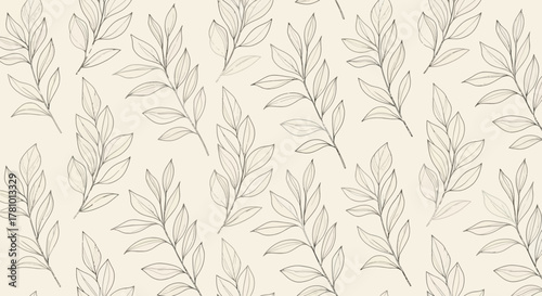 Elegant seamless pattern featuring delicate hand-drawn botanical branches and leaves on a soft beige background, perfect for textiles, wallpapers, and organic design projects