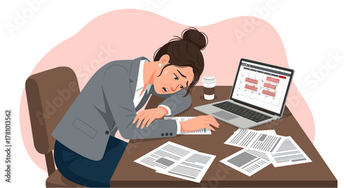 An adult Asian businesswoman is depicted experiencing stress and burnout while working at her desk, surrounded by documents and a laptop.