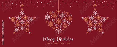 merry christmas card with hanging snowflakes stars and heart vector illustration