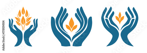 Hands holding wheat and plant logo icons