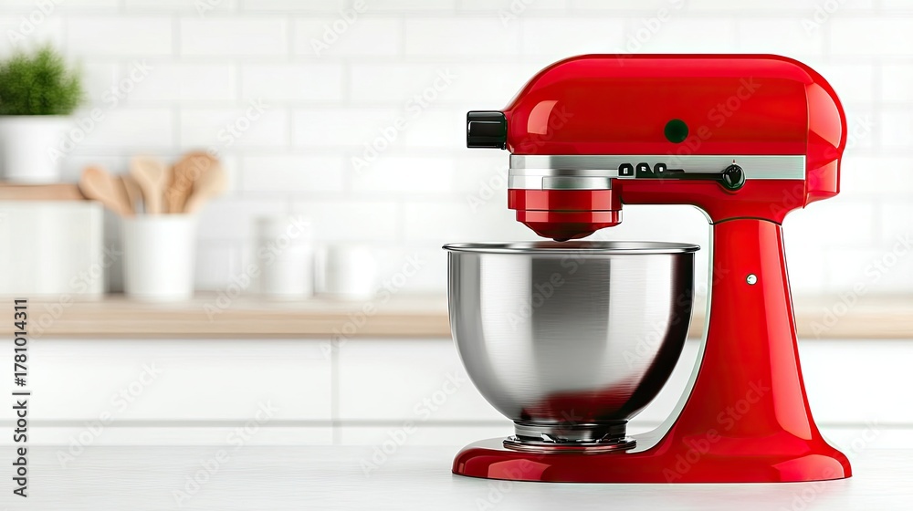 Fototapeta premium Vibrant red mixer with bowl showcased on stylish kitchen counter in a modern culinary setting