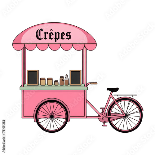 Pink crepe bicycle food cart illustration isolated on transparent background