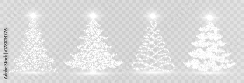 Vector Christmas tree made of glowing lights. Bright shiny Christmas light. Glittering lights in the form of a Christmas tree. White glowing spruce luxurious design. Vector on png background.