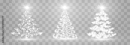 Vector Christmas tree made of glowing lights. Bright shiny Christmas light. Glittering lights in the form of a Christmas tree. White glowing spruce luxurious design. Vector on png background.