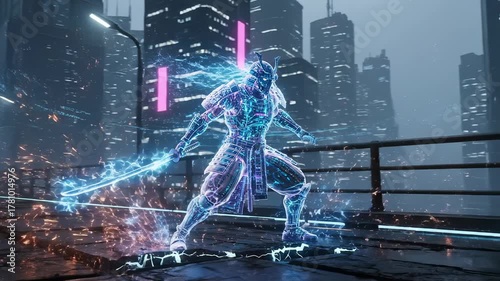Futuristic Warrior Hologram in Neon Cityscape.
