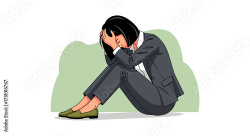 A young Asian businesswoman grapples with stress and burnout at work, feeling overwhelmed and defeated by the pressures of her demanding job.