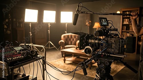 Professional audiovisual recording setup capturing a modern scene, dynamic video